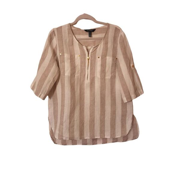 Ellen Tracy linen striped roll sleeve blouse - Picture 1 of 11
